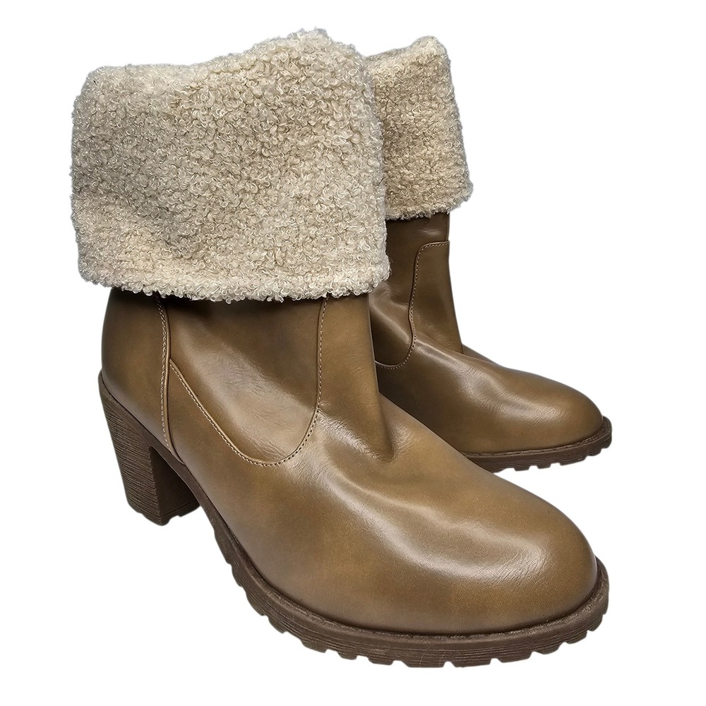 Muk Luks Womens 11 Brown Faux Leather Slouchy Fold Over Faux Fur Boots